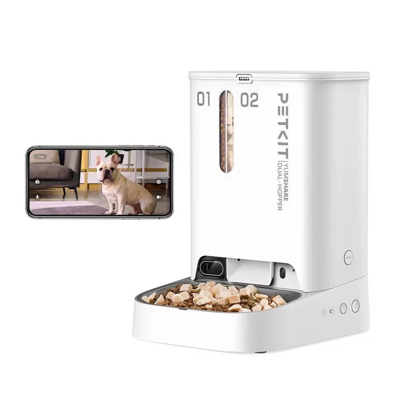 PetKit pet feeder with smartphone displaying a dog on a white background