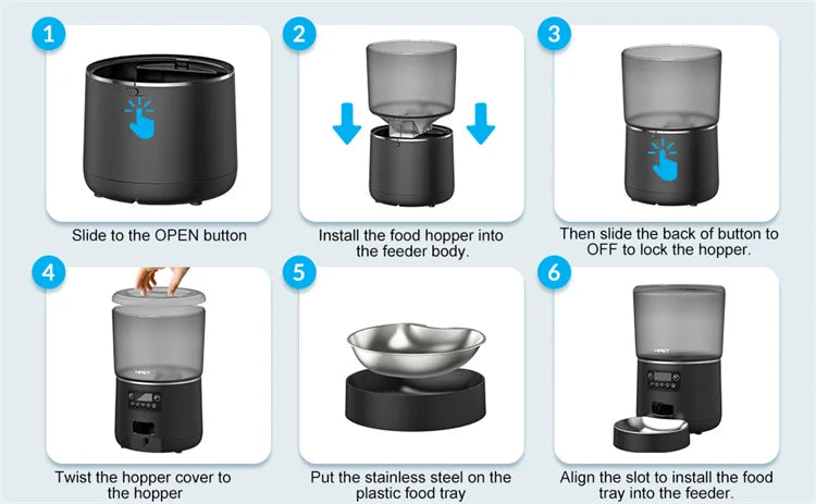Step-by-step guide on how to assemble a pet feeder with images and text instructions.