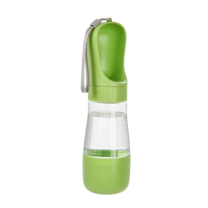 Green and clear water bottle with a strap on a white background