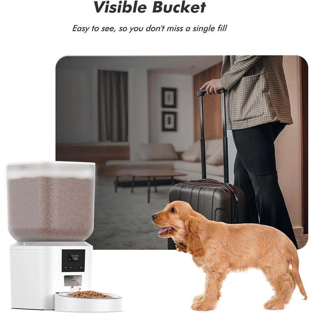 Pet feeder with visible bucket, dog, and person with suitcase in a room setting