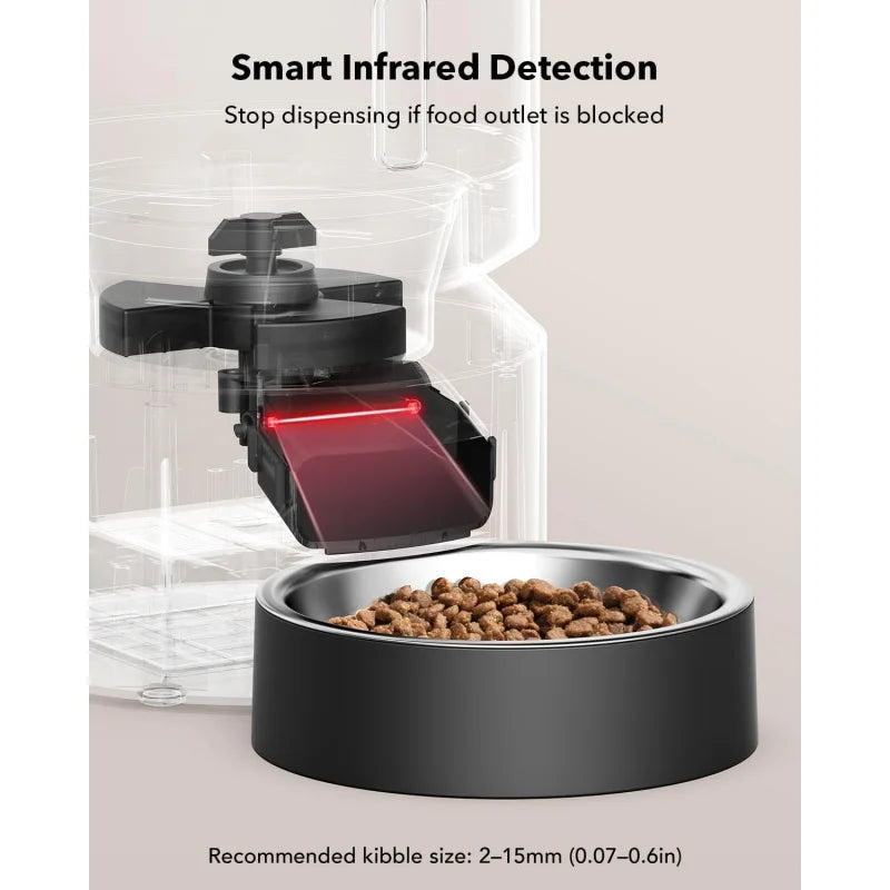 Pet feeder with smart infrared detection feature and a bowl of kibble.