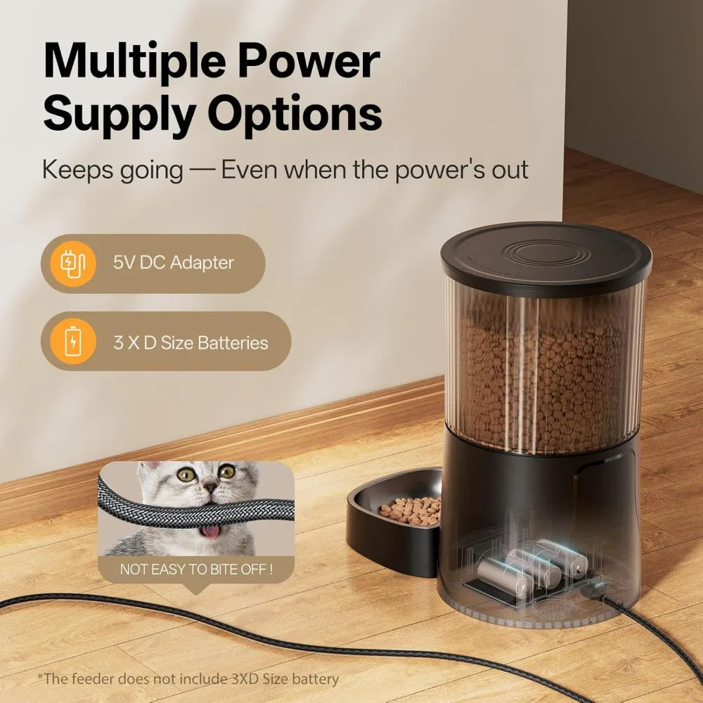 Pet food dispenser with power supply options on a wooden floor
