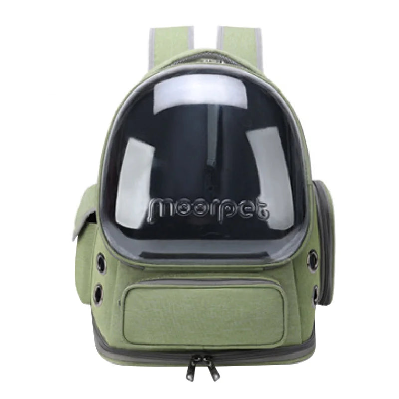 Green pet backpack with transparent front panel on a white background
