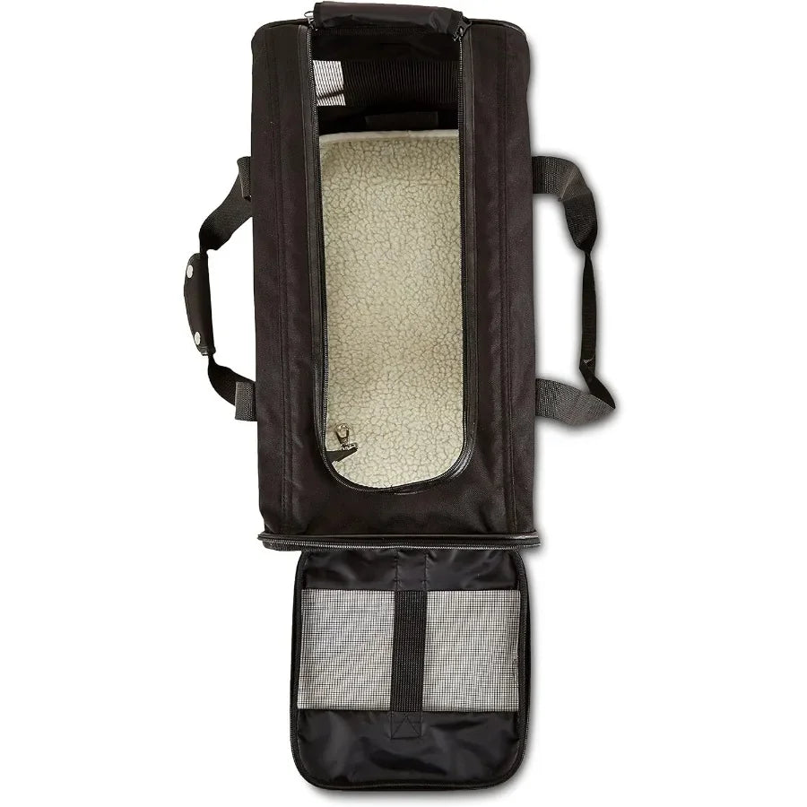 Black pet carrier with a beige interior on a white background