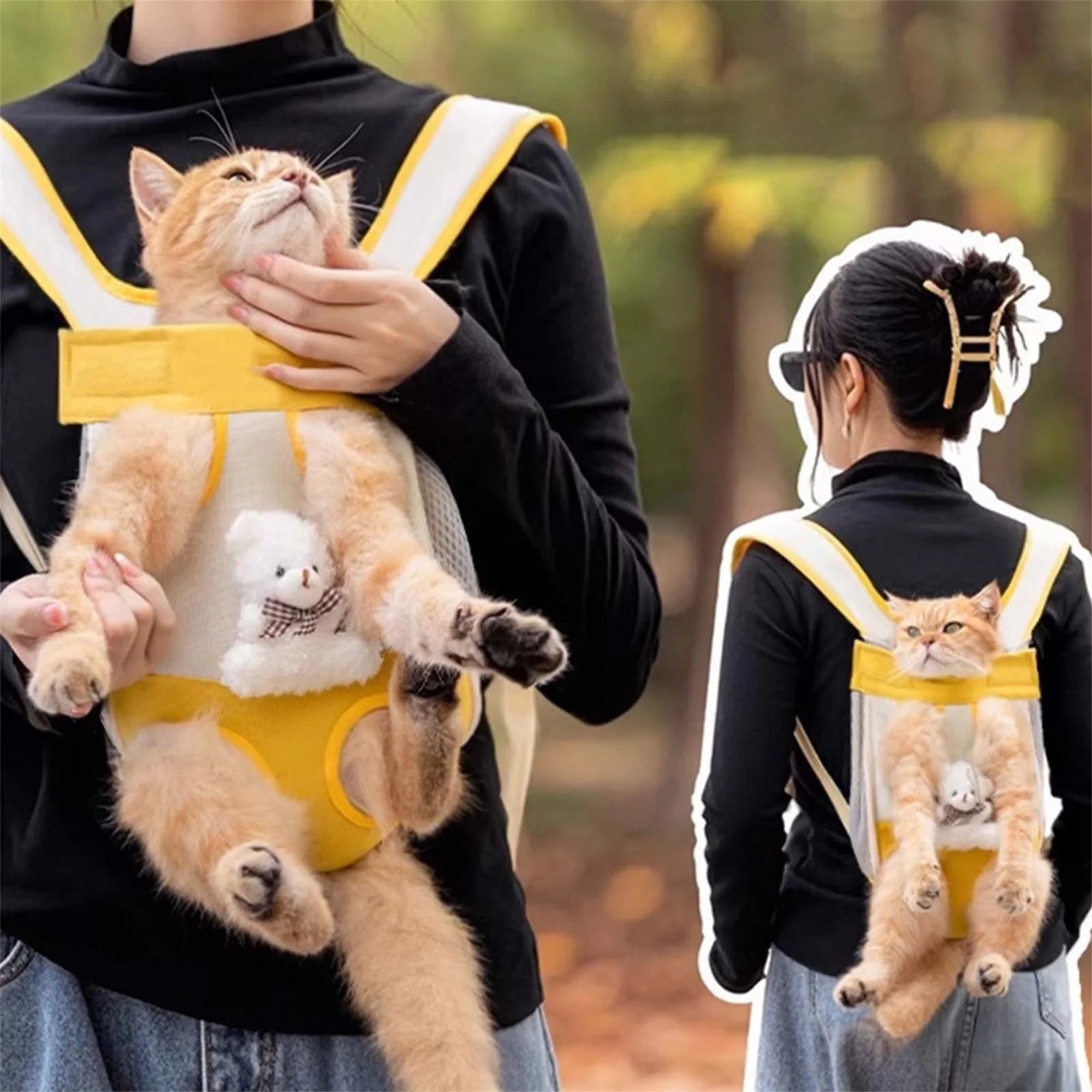 Person wearing a transparent backpack with a cat inside, outdoors.