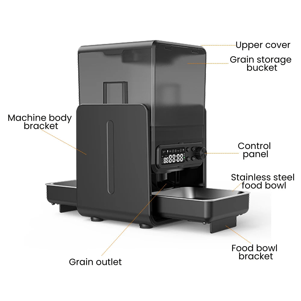 Black pet food dispenser with labeled parts on a white background