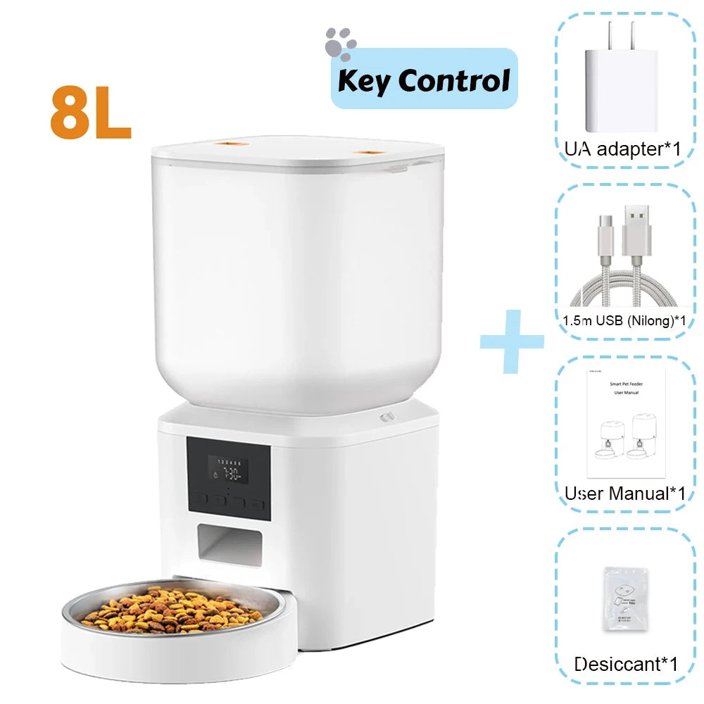 Pet feeder with key control feature, showing components on a white background