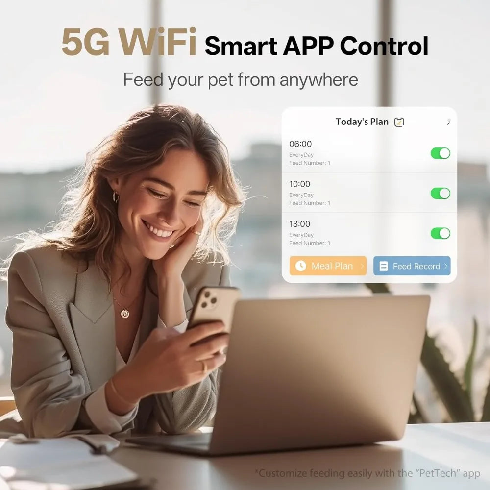 Woman using a smartphone with a smart pet feeding app interface.