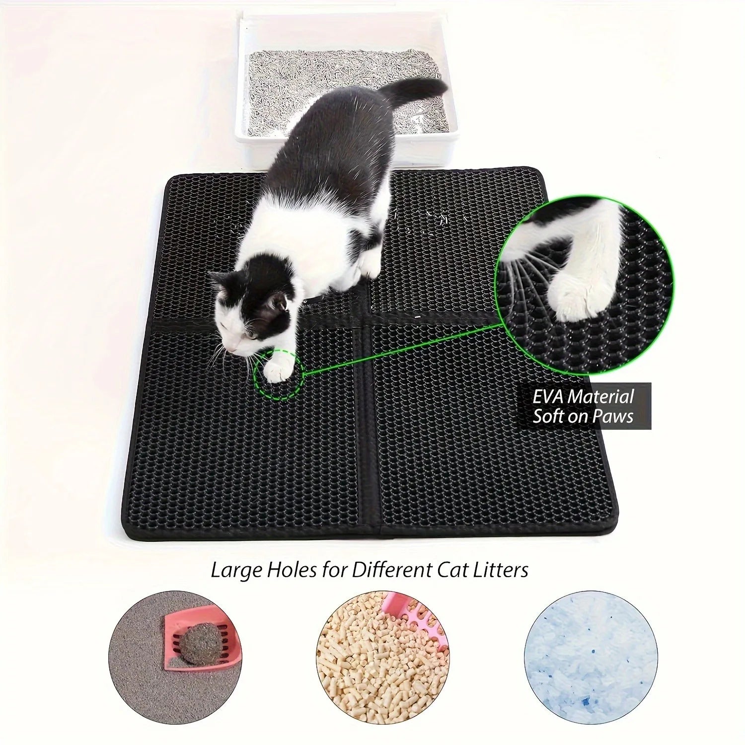 Cat using a black litter mat with text highlighting EVA material and large holes for cat litters.
